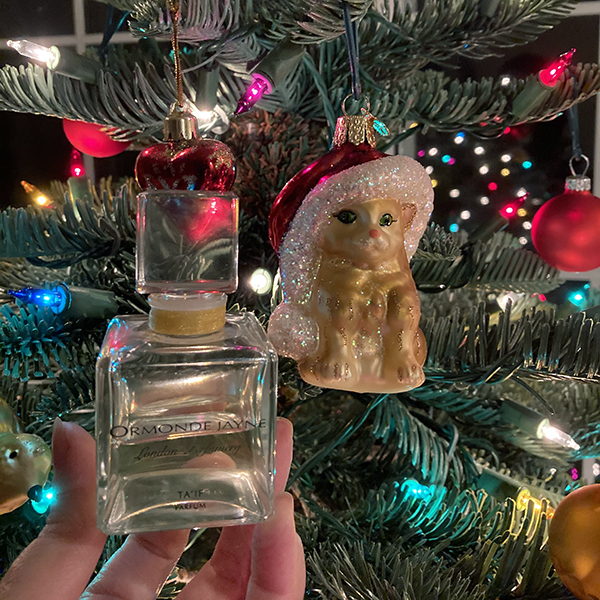 Santa Kitty ornament and Ormonde Jayne Ta'if Parfum